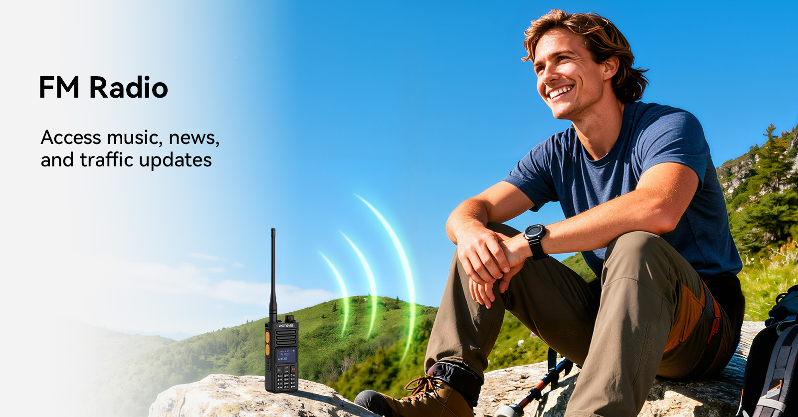 Retevis RA89G supports FM Radio for music, news, and traffic updates