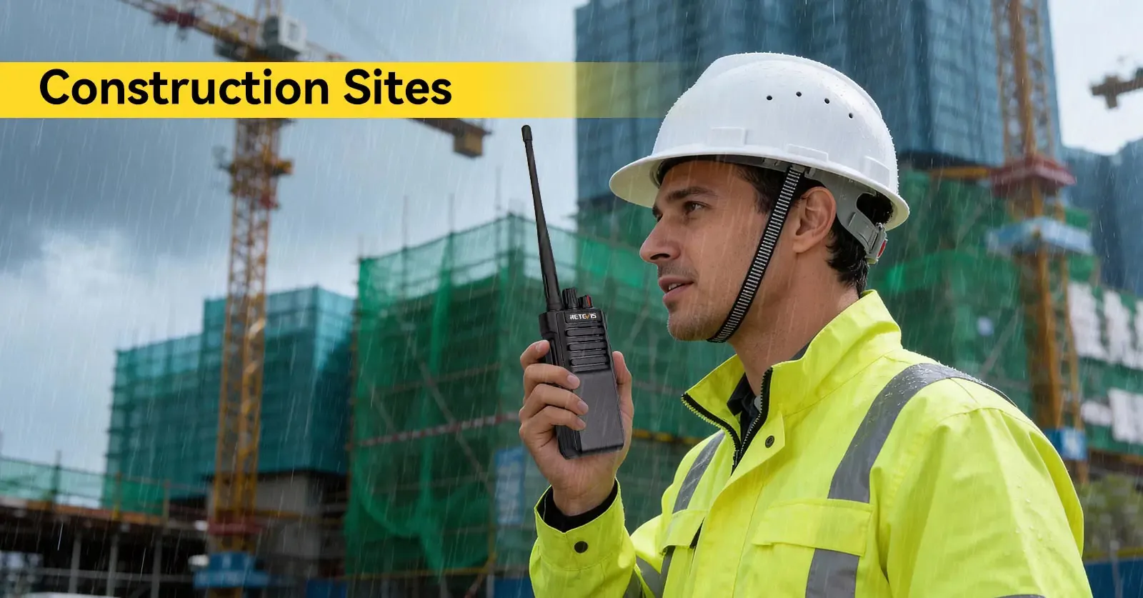A construction worker relies on his durable, waterproof two-way radio for essential communication on a rainy job site, ensuring safety and efficiency are maintained even in bad weather.