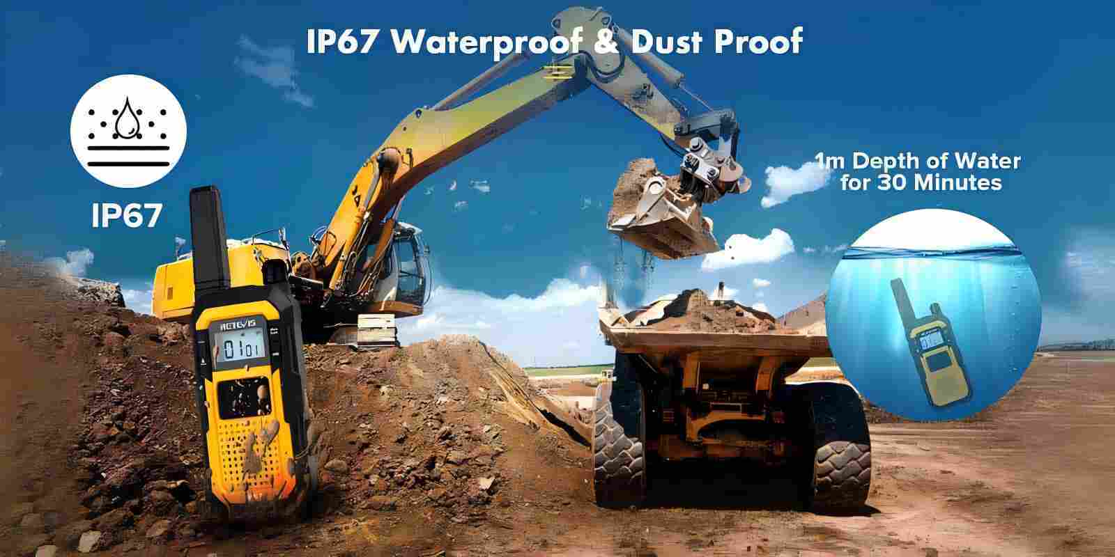 RB48 IP67 waterproof walkie talkie rinsed under jobsite water jet