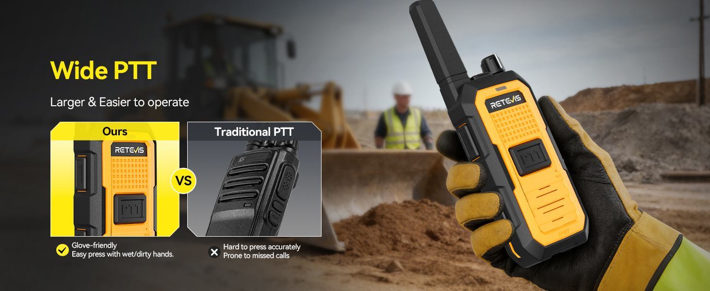 Retevis RB48D walkie talkie with wide PTT button for easy operation with gloves in construction environments