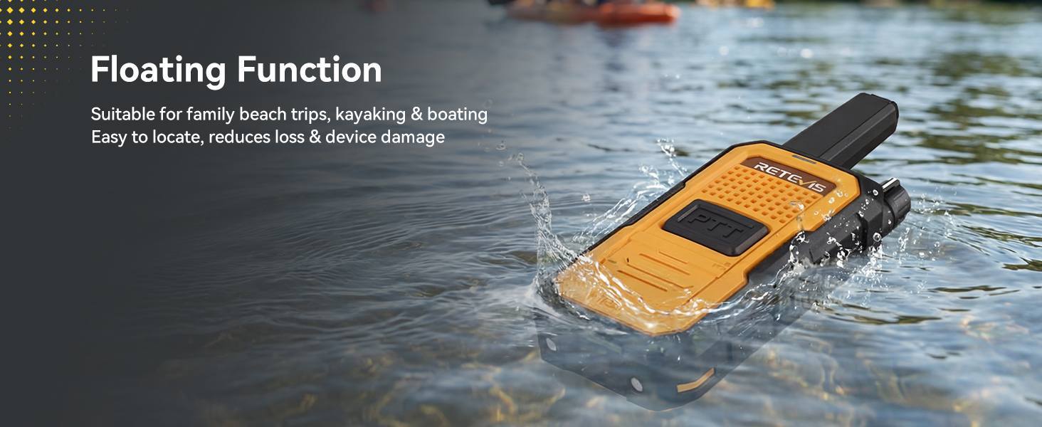 Retevis RB48A IP67 waterproof floating walkie talkie bobbing face-up in water