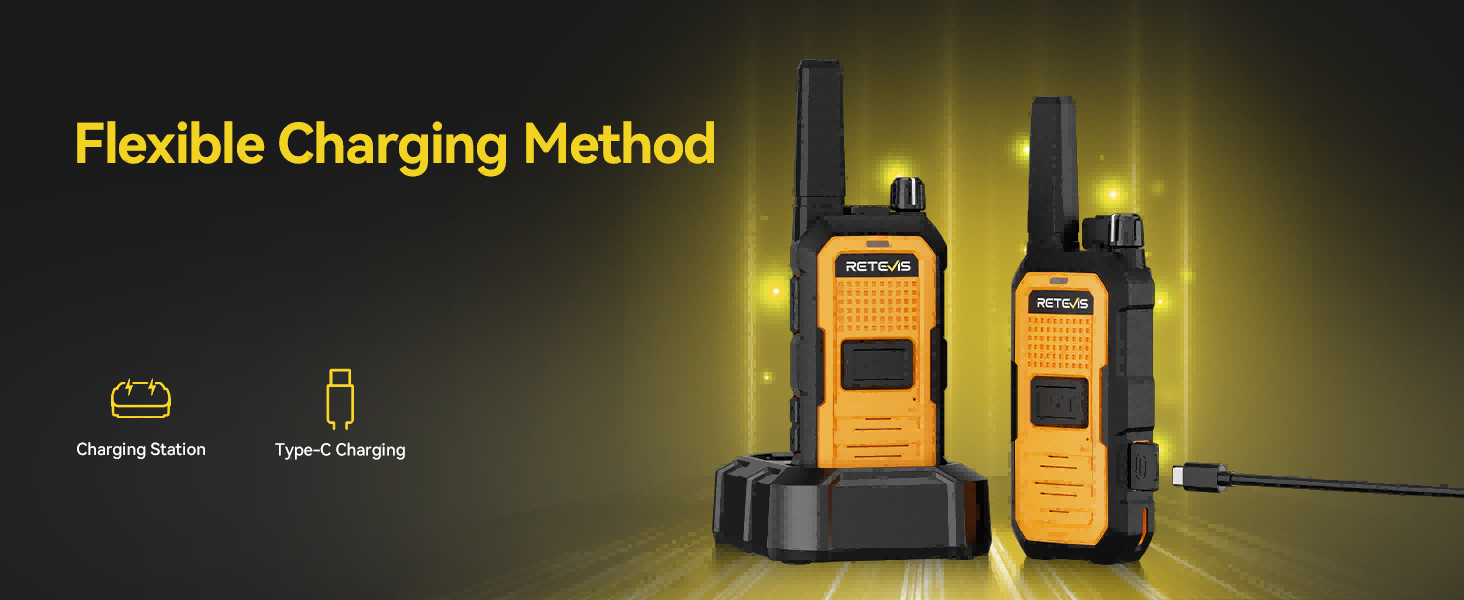 Retevis RB48D walkie talkie with flexible charging methods including charging station and USB Type-C charging