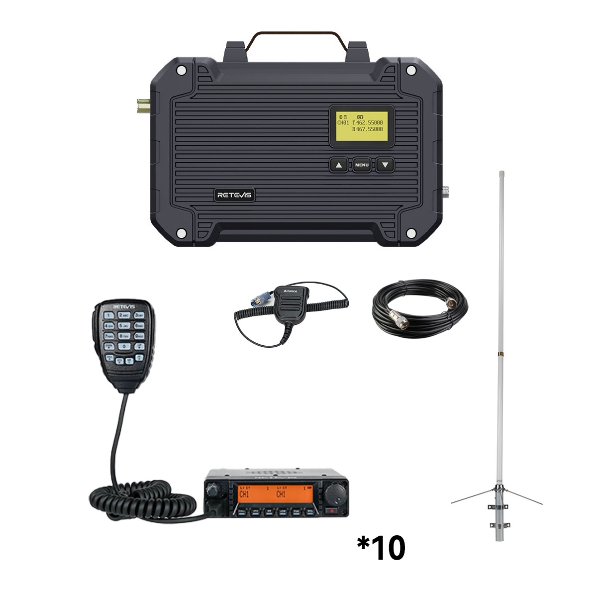 Retevis professional two-way radio repeater kit containing a portable repeater unit, mobile transceiver with handheld microphone, coaxial cable, and base station antenna.