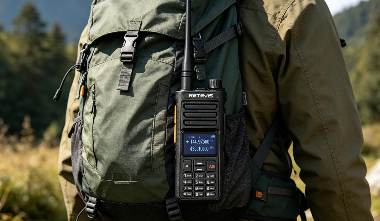 Outdoor traveler with ra89r walkie-talkie attached to his backpack