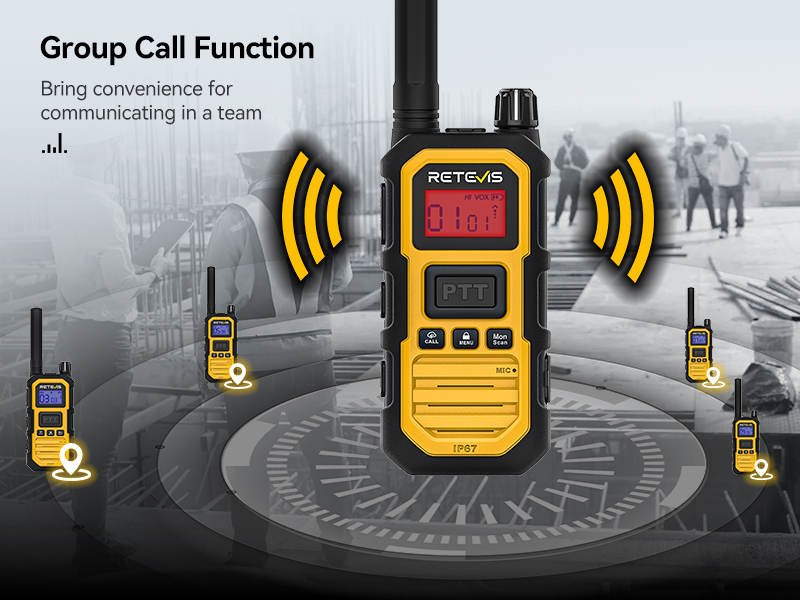 The Group Call Function on a RB48 Retevis programmable walkie-talkie radio allows for instant communication with an entire construction team