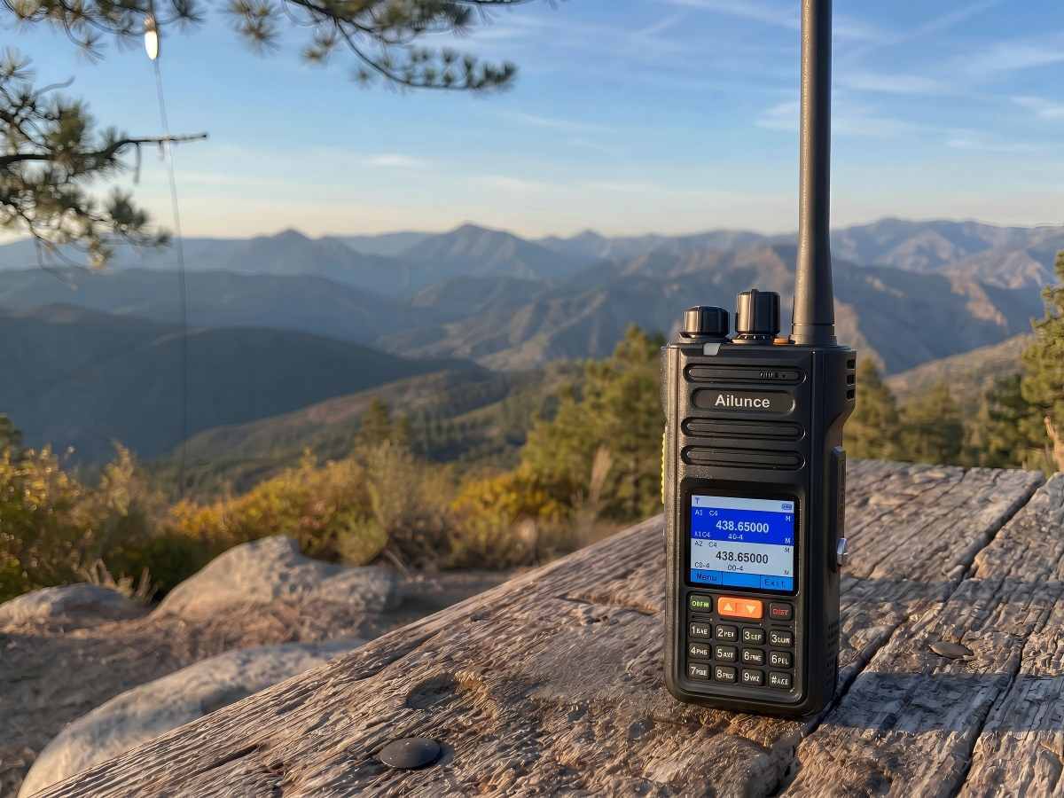 Retevis Ailunce handheld two-way radio placed on a rock with mountains in the background
