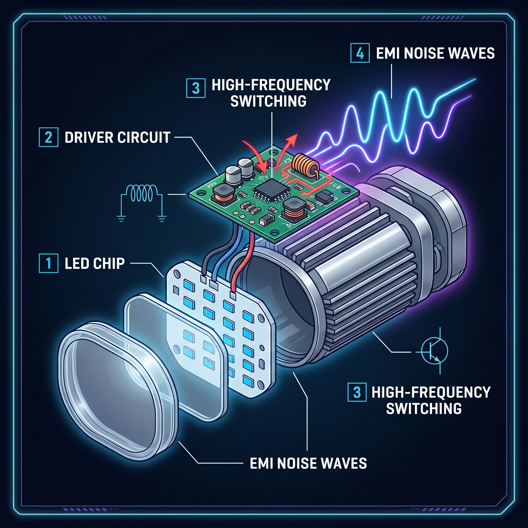 Internal structure of an LED work light showing the electronic driver, the main source of radio interference on construction sites.