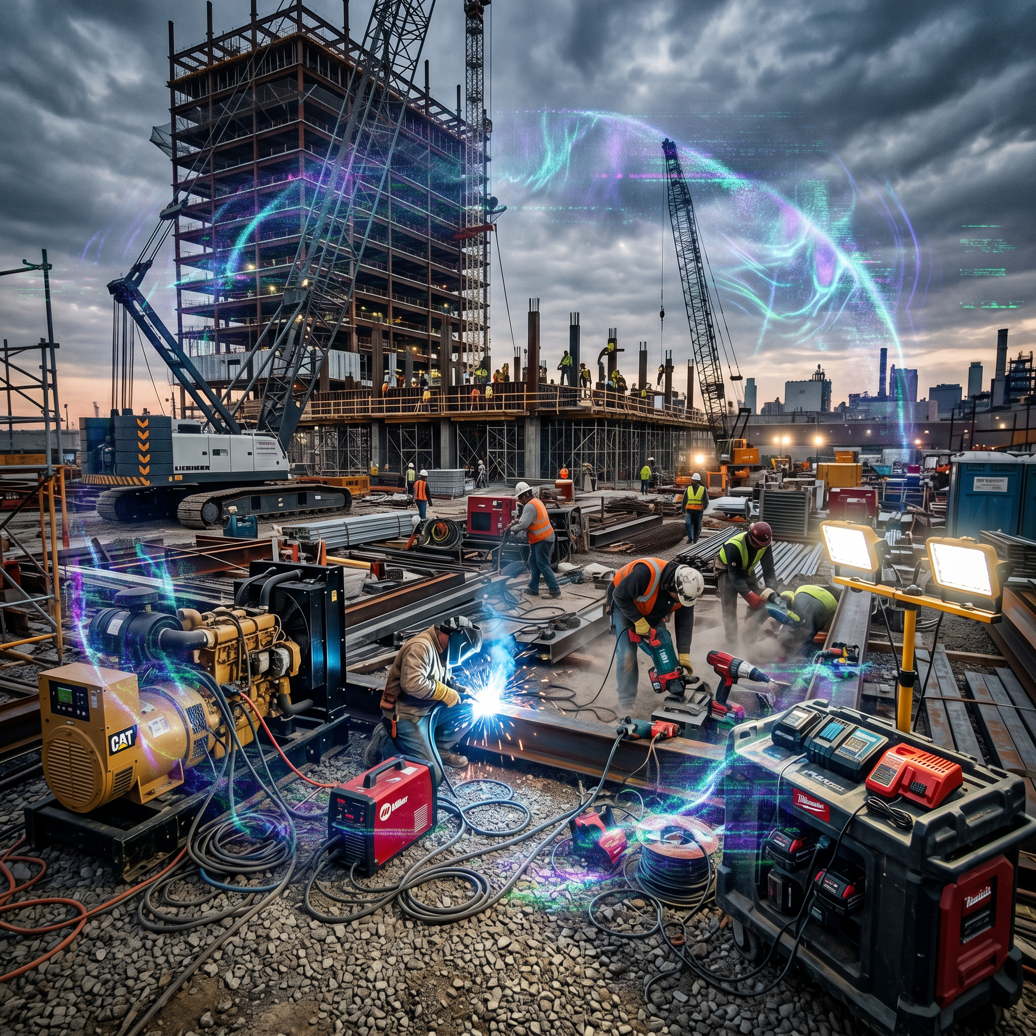 Construction site with LED lights, generators, chargers, welders, and power tools showing multiple sources of electrical noise and radio interference.