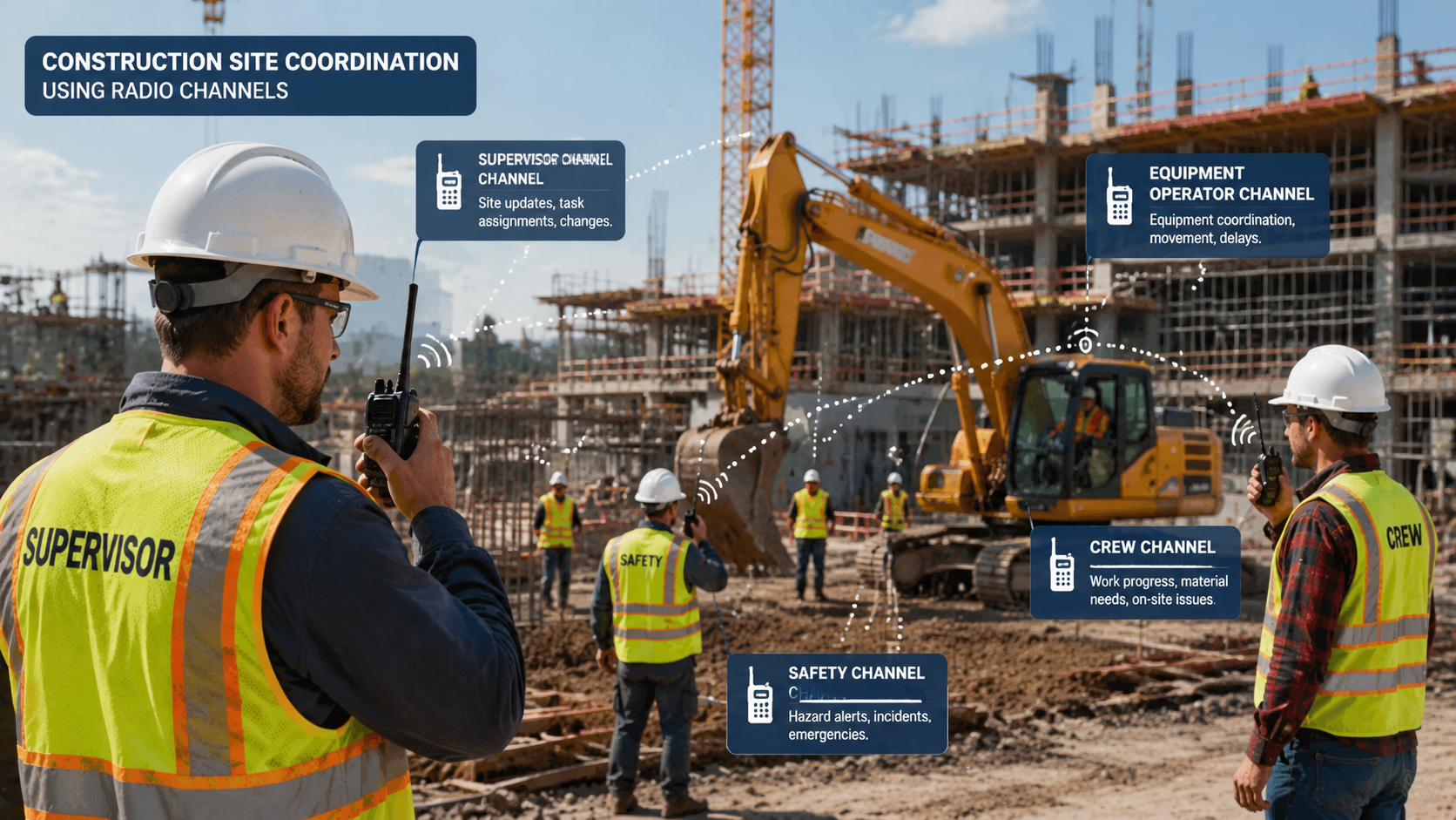 Construction site coordination using radio channels for supervisors, crews, and safety teams