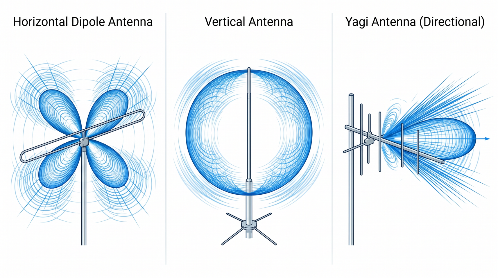 Comparison of three antennas: horizontal dipole with four-lobed pattern, vertical with omnidirectional pattern, and Yagi directional with focused forward pattern.