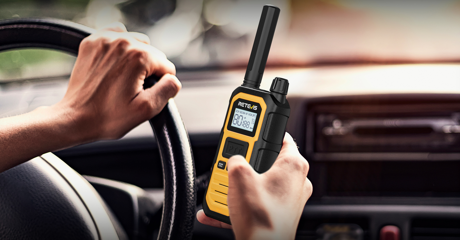 Retevis RB448 Plus handheld walkie-talkie used inside a vehicle