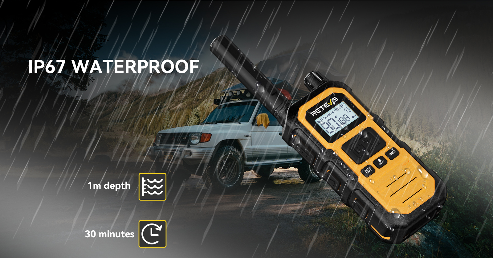 Retevis RB448 Plus IP67 waterproof walkie-talkie used in rainy outdoor conditions