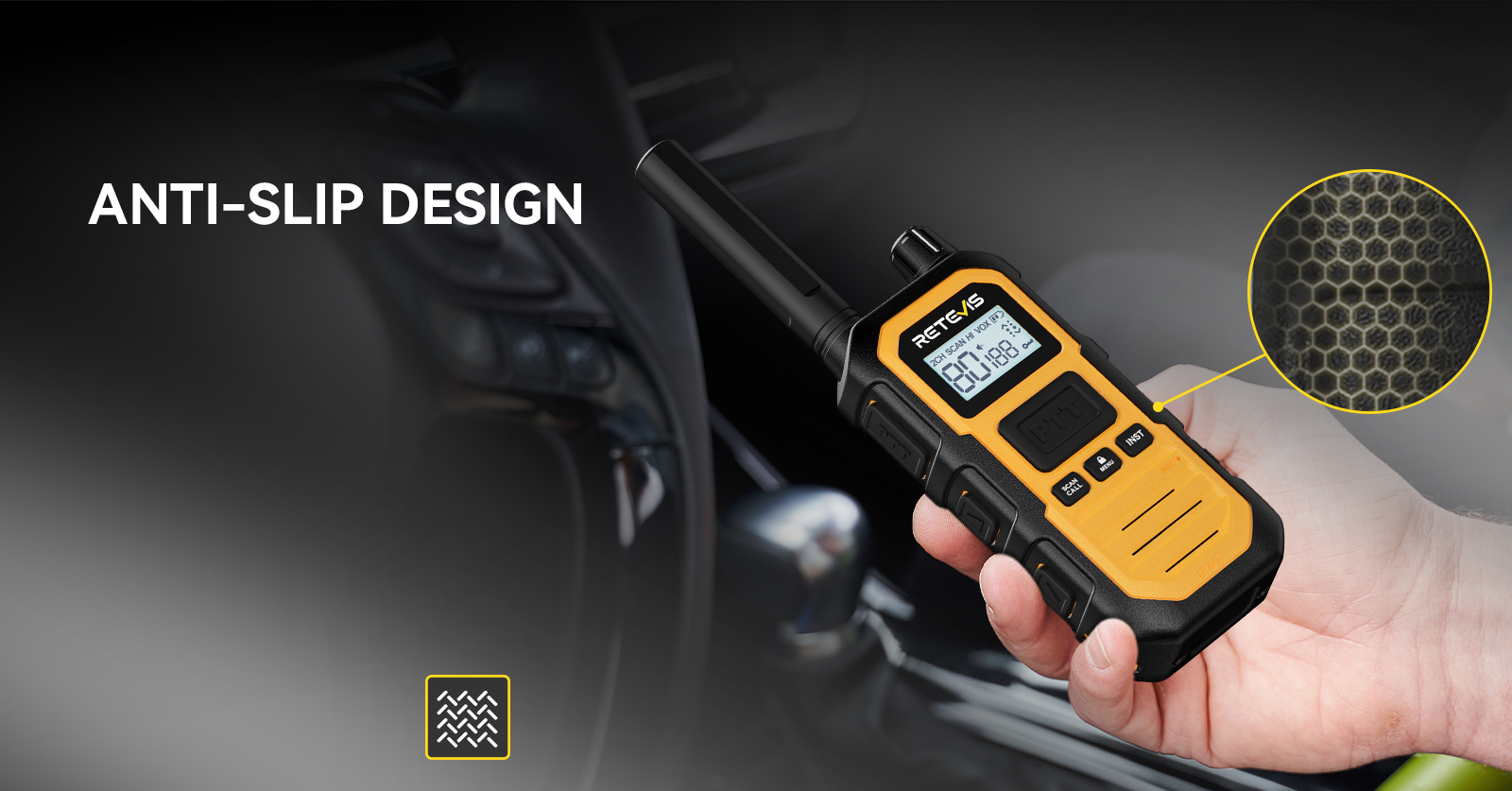 RB448 Plus anti-slip walkie-talkie design for a secure handheld grip