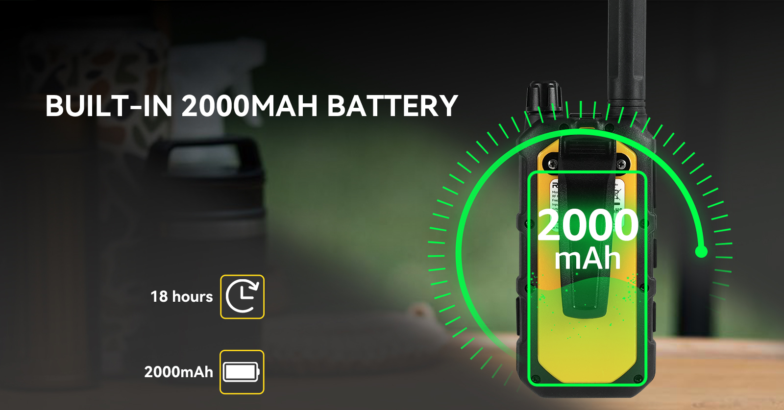 Retevis RB448 Plus walkie-talkie showing built-in 2000mAh battery capacity