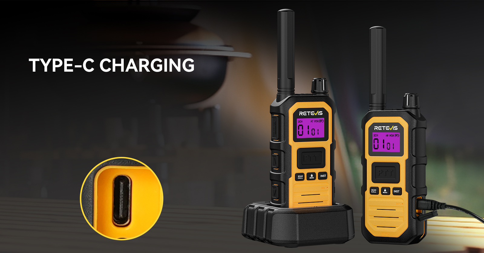 RB448 Plus walkie-talkies with Type-C charging and desktop charger options