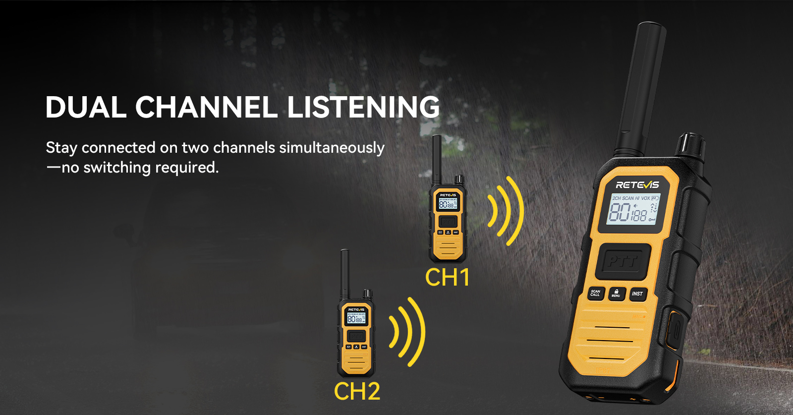 Retevis RB448 Plus dual channel listening walkie-talkie monitoring two channels
