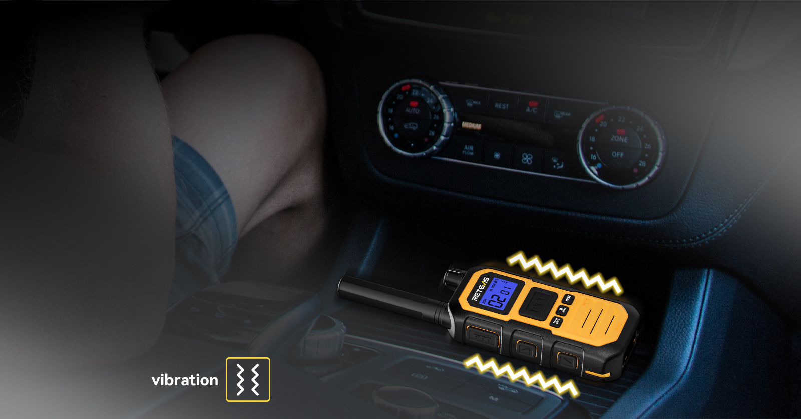 RB448 Plus walkie-talkie with vibration reminder placed inside a vehicle
