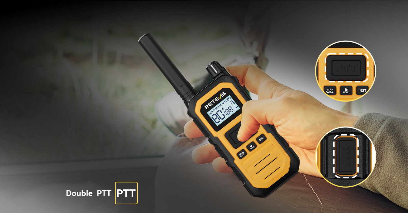 RB448 Plus walkie-talkie with front and side double PTT button design