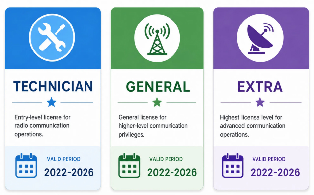 Three radio communication license levels infographic