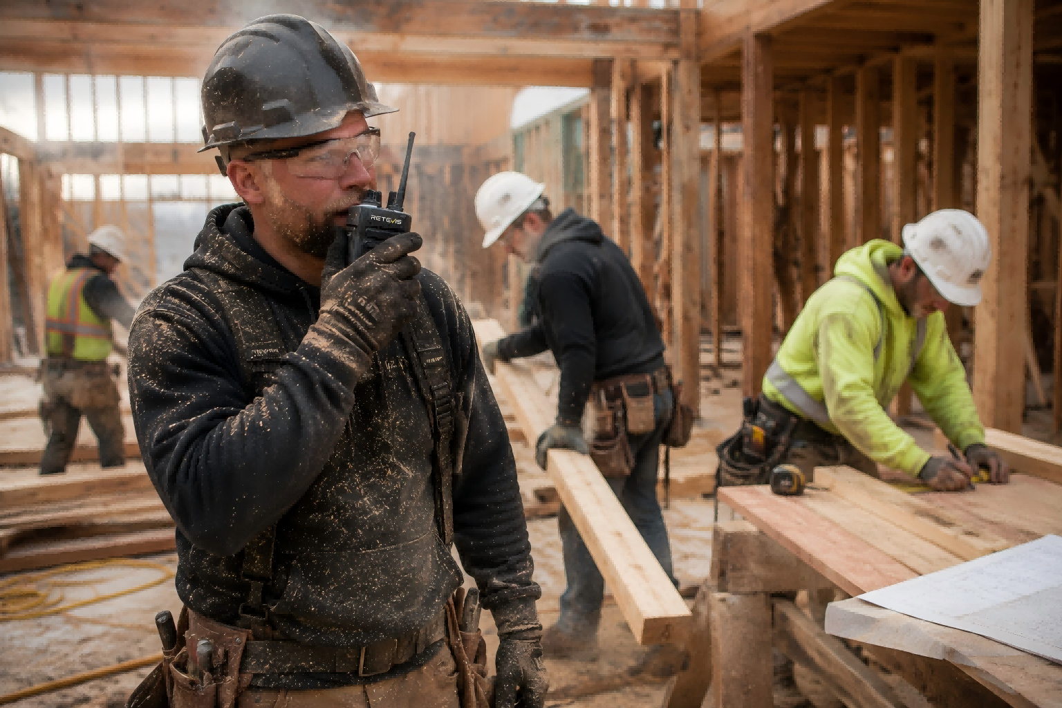 Carpentry crew coordinating on a dusty jobsite using rugged radios