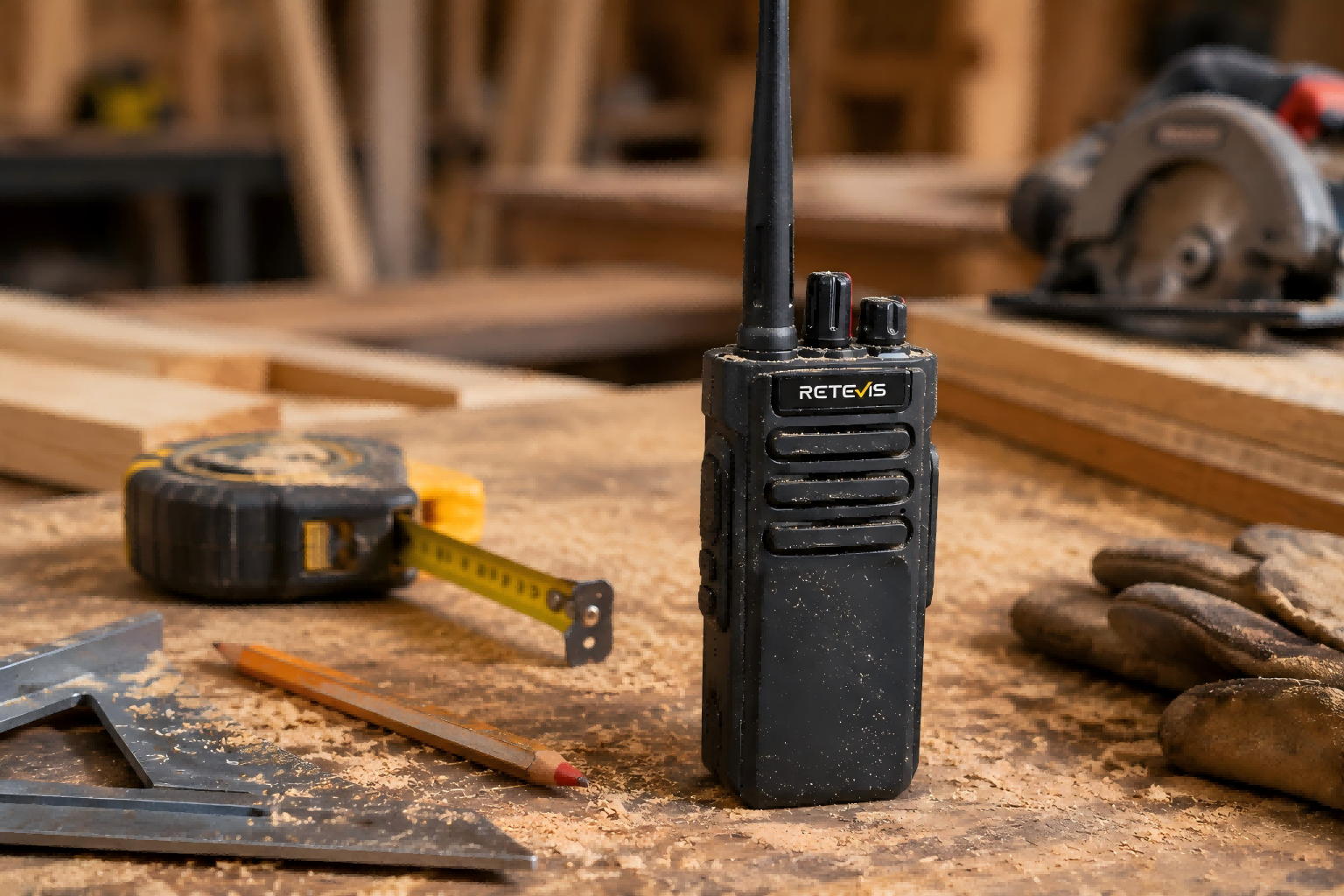 Close-up of Retevis RT29 rugged radio in a woodworking environment
