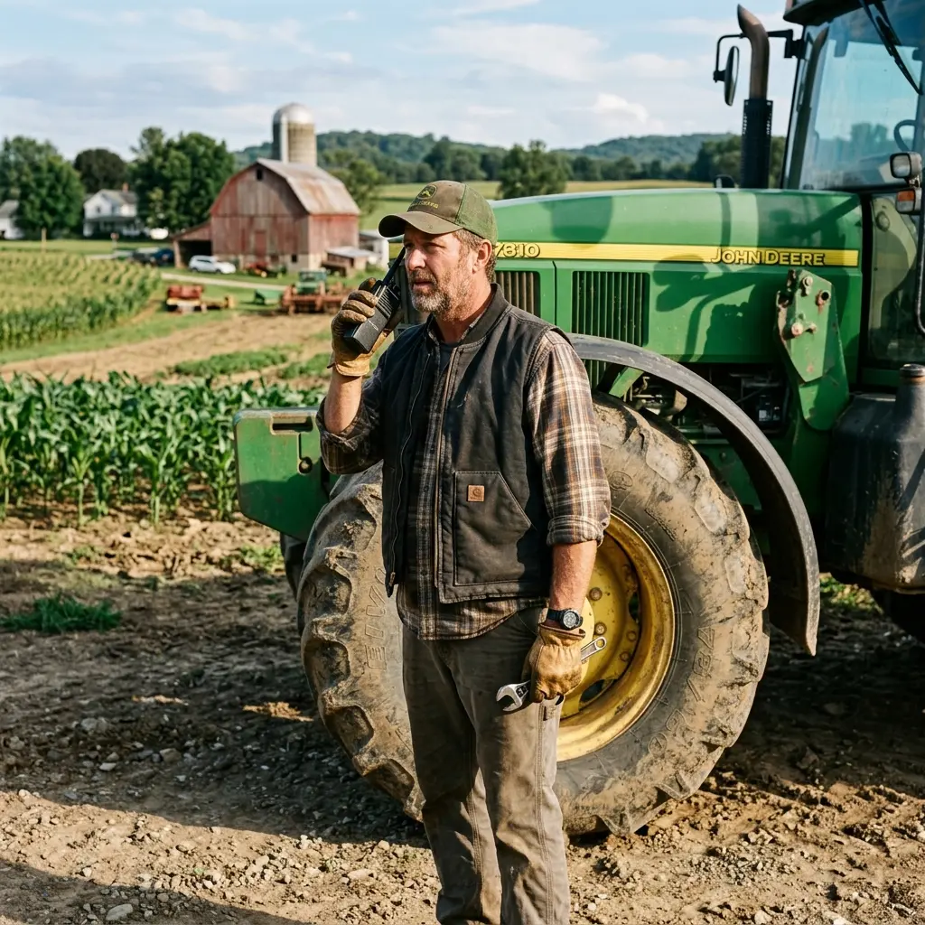 A farmer in a work vest using a rugged handheld two-way radio for agricultural communication next to a green tractor.