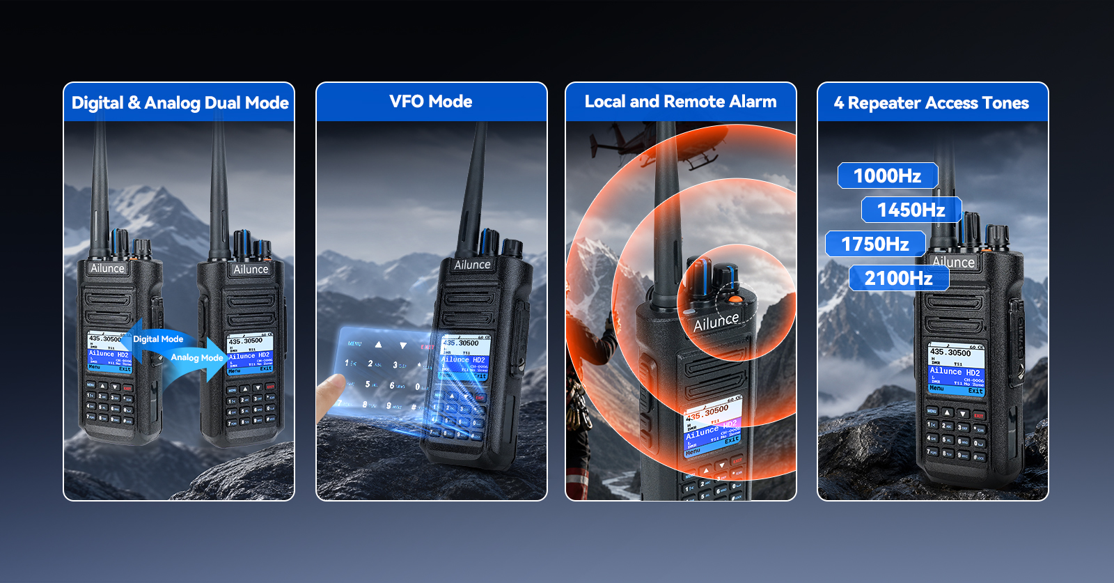 Retevis HD2 DMR radio with digital/analog dual mode, VFO, local and remote alarms, and four repeater access tones.