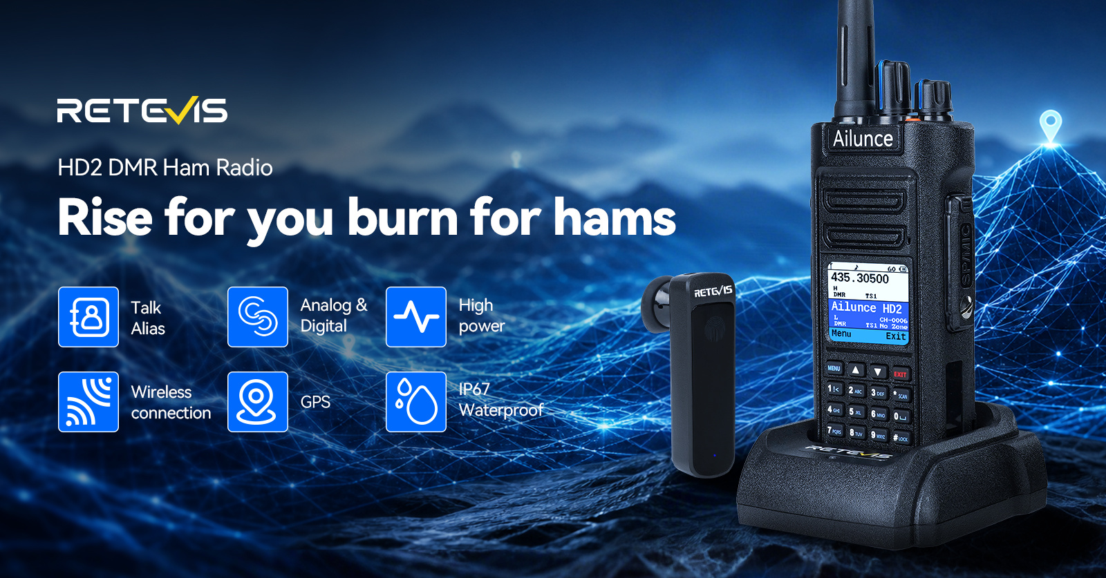 Retevis HD2 10W GPS Bluetooth Dual Band DMR Radio