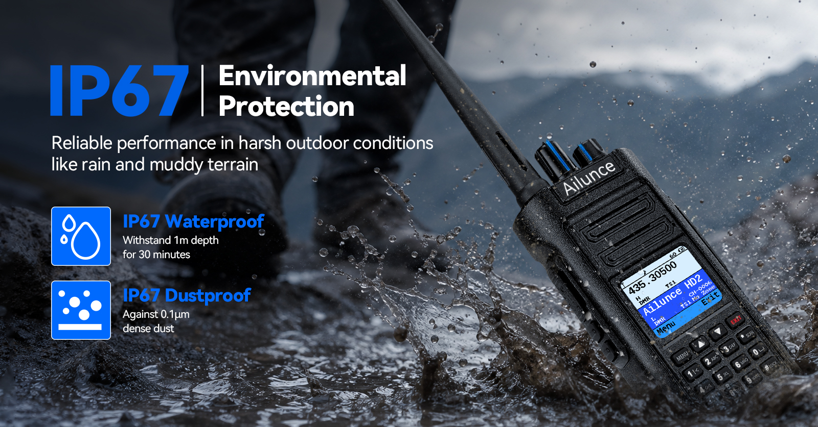 Retevis HD2 DMR radio with IP67 water and dust protection for reliable use in rain, mud, and harsh outdoor conditions.