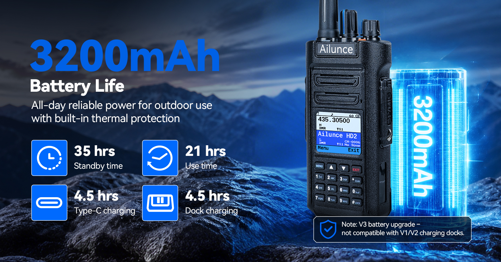 Retevis HD2 DMR radio with a 3200mAh battery, providing up to 35 hours of standby time, 21 hours of use, and 4.5-hour Type-C or dock charging.