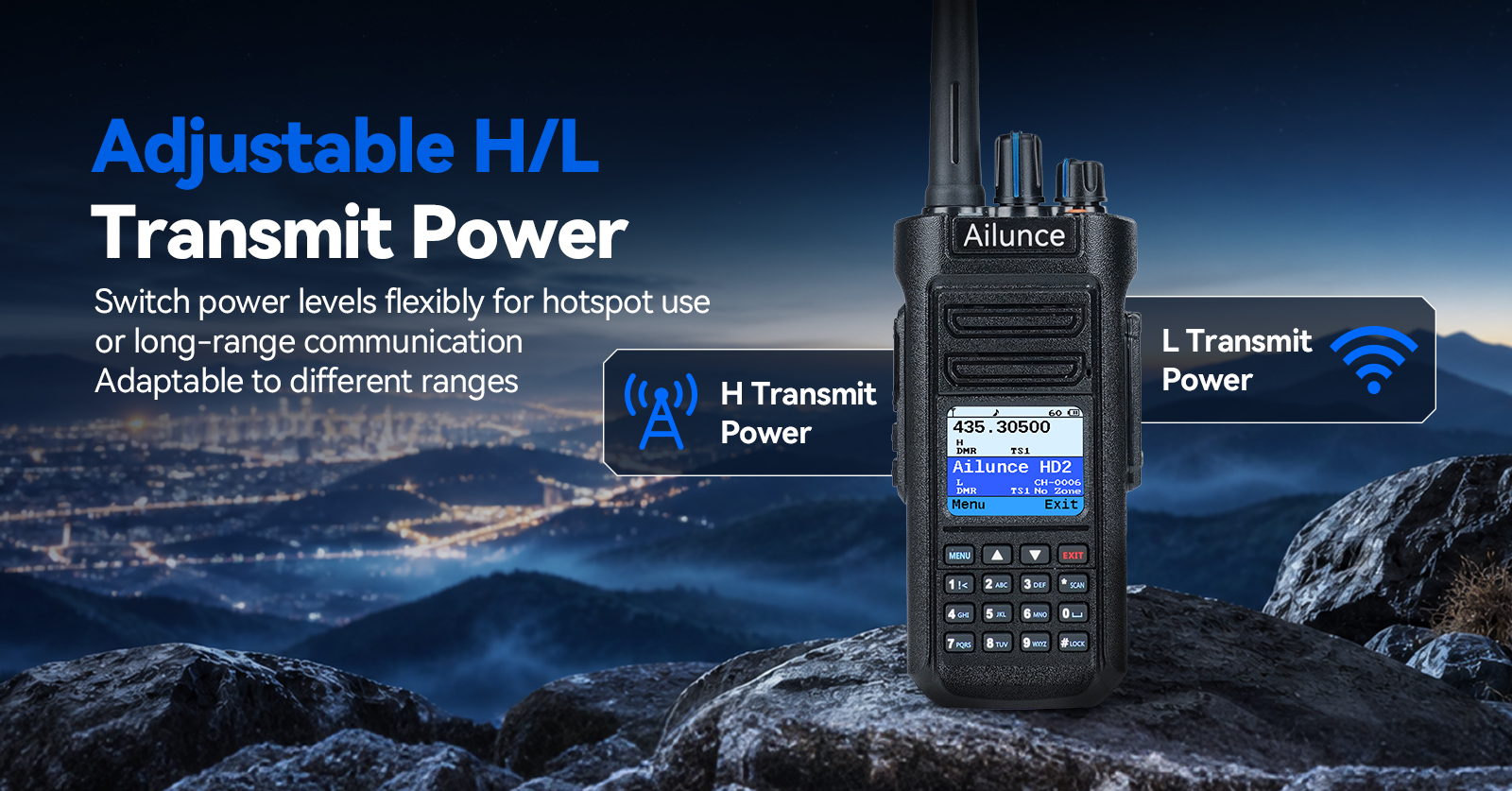Retevis HD2 DMR radio with adjustable high and low transmit power for different communication ranges.