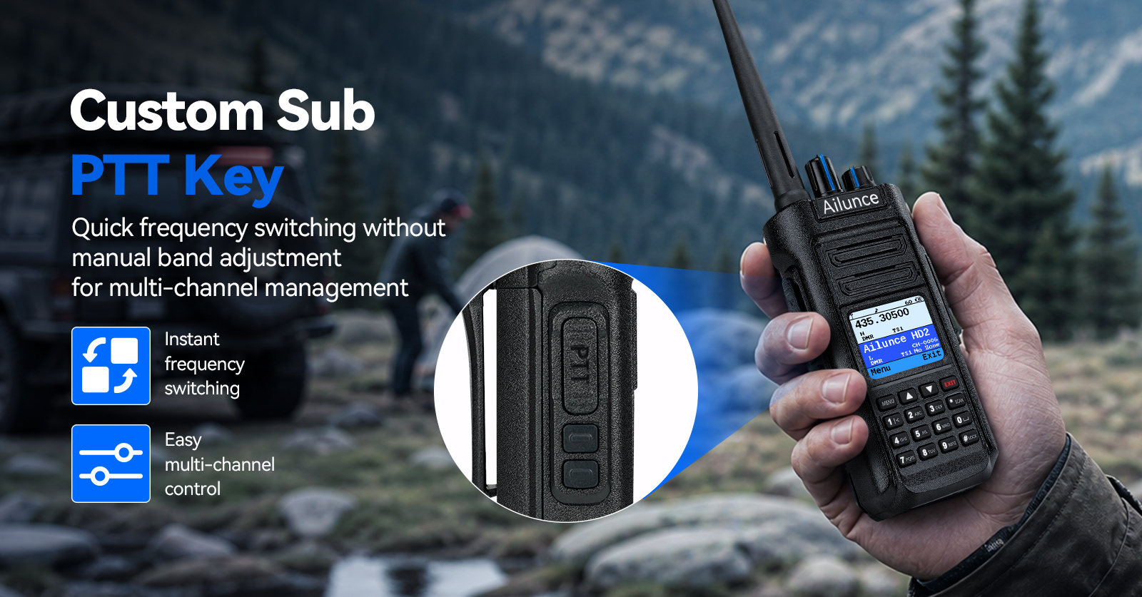 Retevis HD2 DMR radio featuring a customizable secondary PTT button for quick frequency switching and multi-channel control.