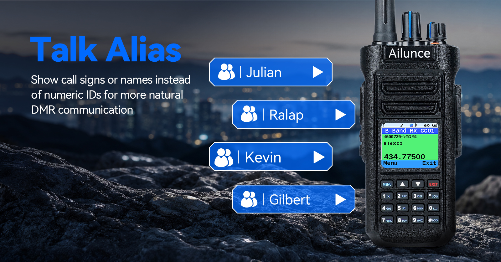 Retevis HD2 DMR radio featuring Talk Alias to display caller names or call signs.