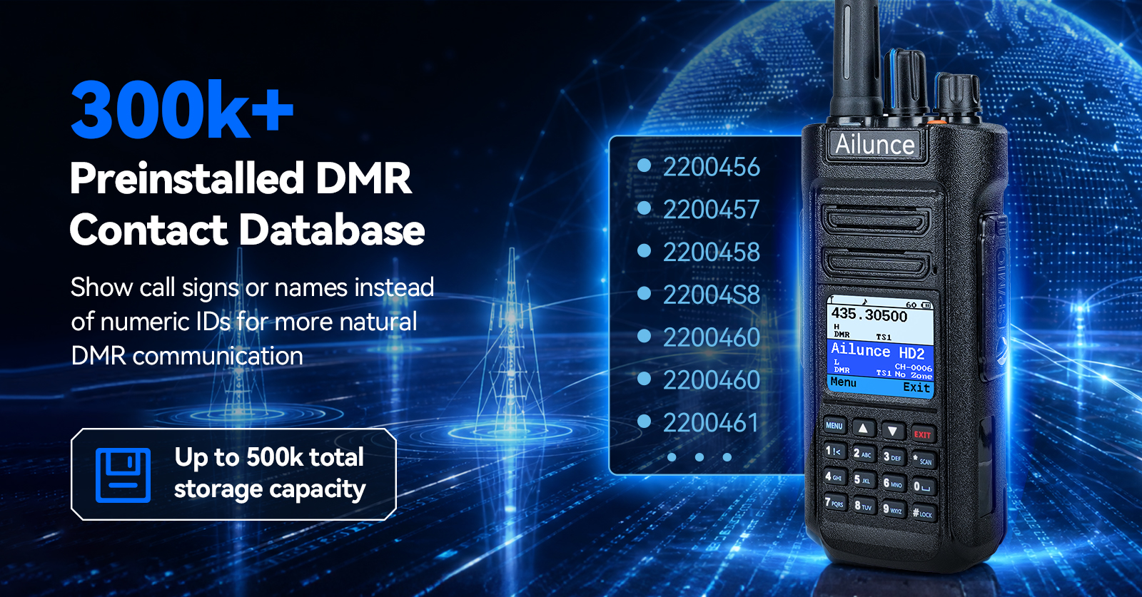 Retevis HD2 DMR radio with over 300,000 preinstalled contacts and storage capacity for up to 500,000.