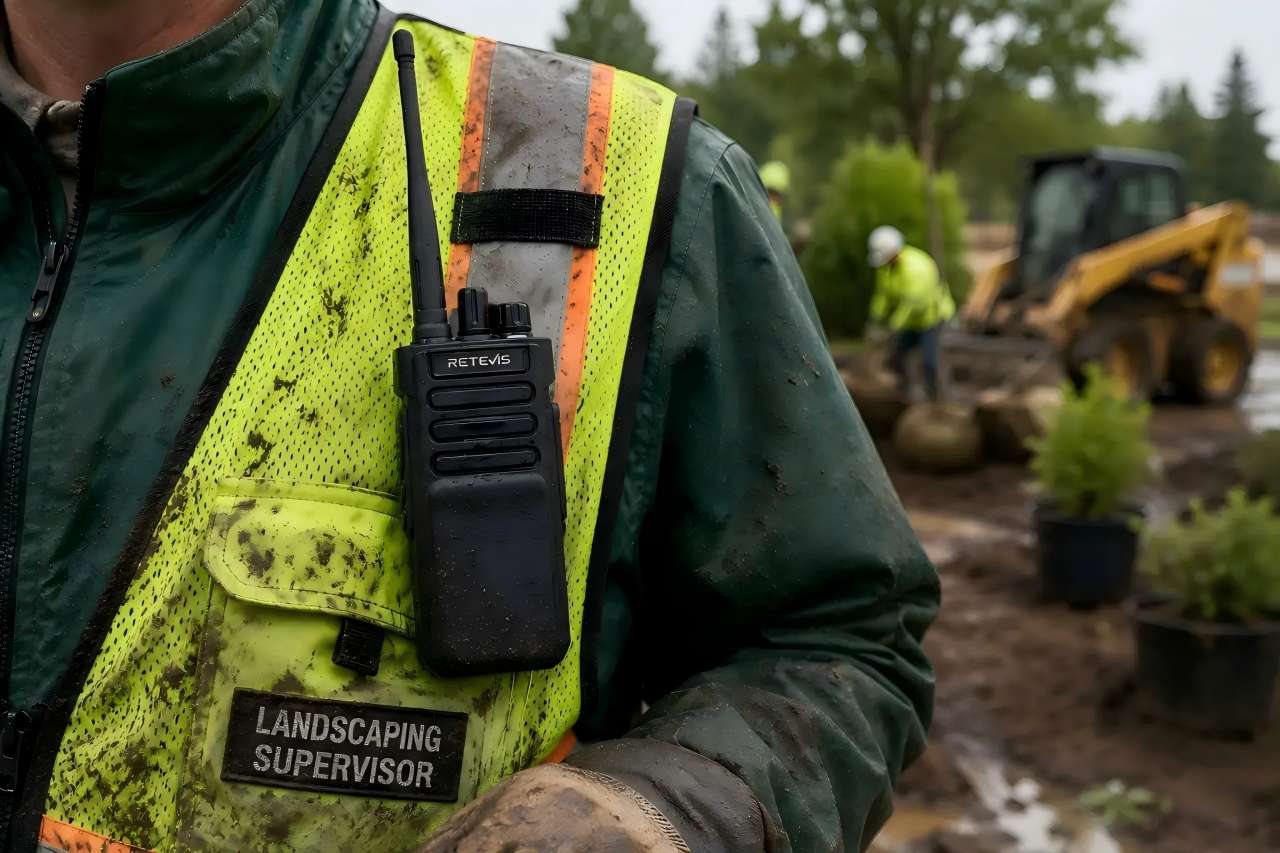 Rugged portable radio clipped to a supervisor&rsquo;s vest on a muddy outdoor construction site