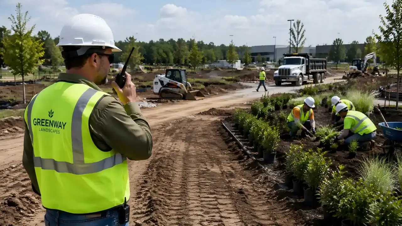 Supervisor coordinating multiple landscaping crews by radio on a large outdoor development site