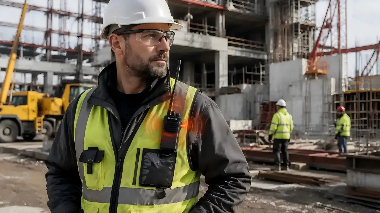 Construction worker carrying a rugged two-way radio with visual emergency alert effect on an active construction site