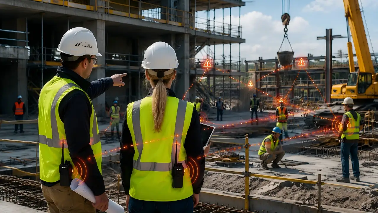 Construction supervisors using rugged two-way radios with visual emergency alert signals across a commercial jobsite