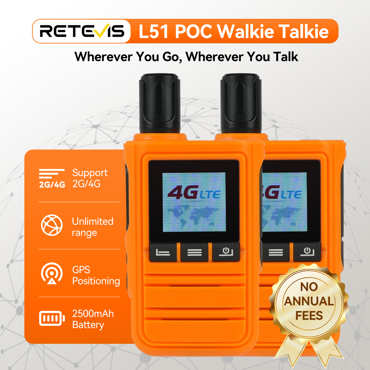 Retevis L51 PoC Radio 4G Network Two Way Radio GSP Long Range Profesional Powerful No Annual Fee for Emergency Rescue