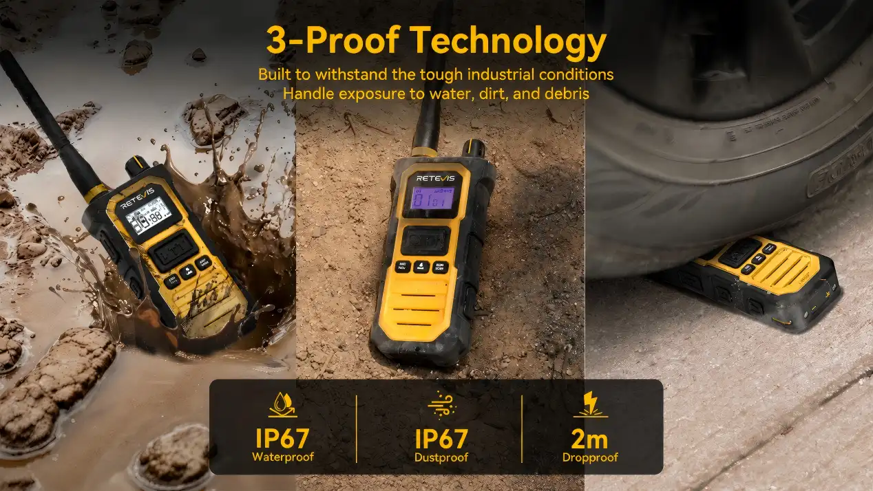 IP67 dust-resistant and shock-resistant two way radio for construction site durability demonstration