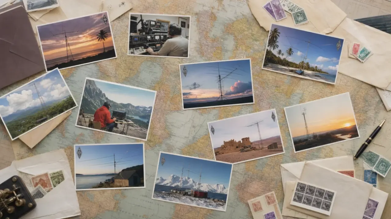 Ham radio QSL cards on a world map, showing global radio contact exchange