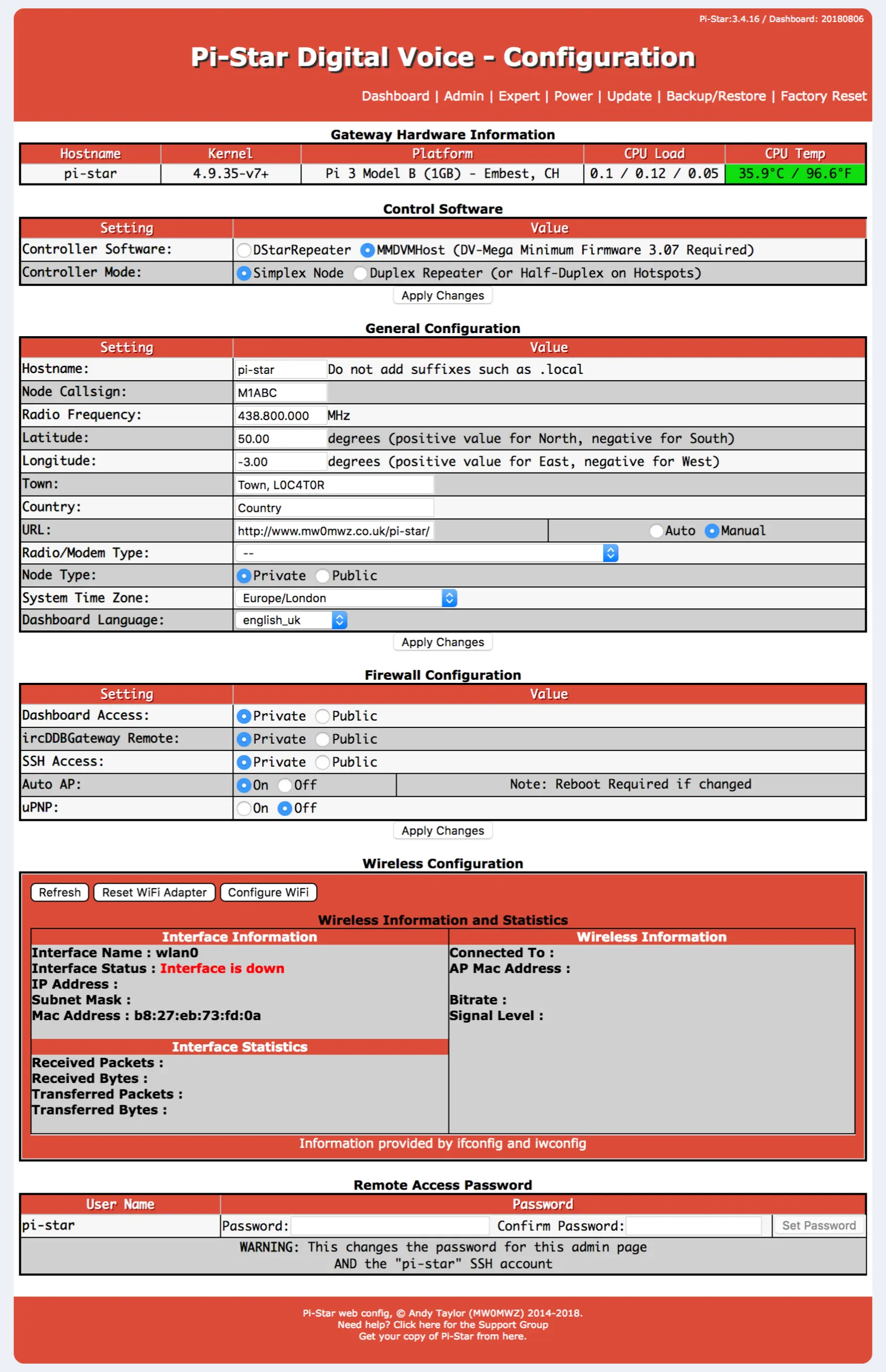 Pi Star First  Page Before Config