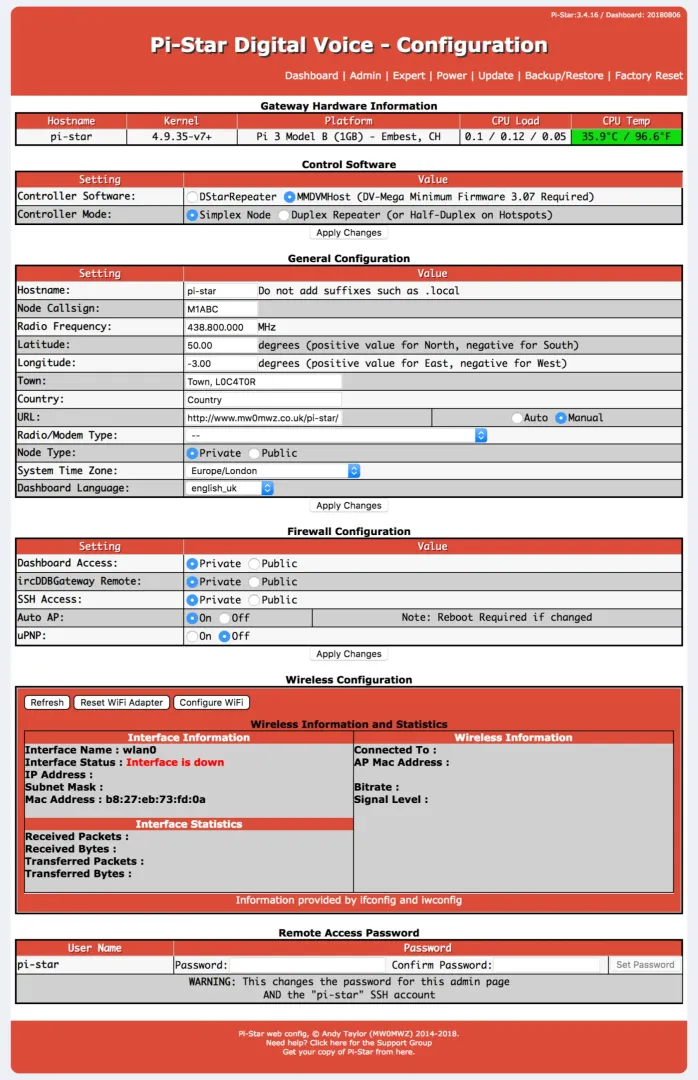 Pi Star First  Page Before Config