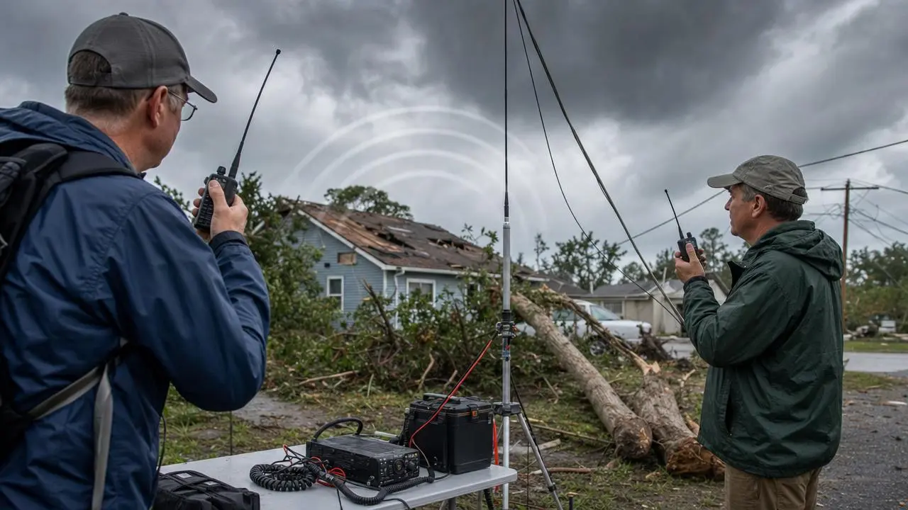 Ham radio operators using APRS for emergency communication after a hurricane damages local infrastructure