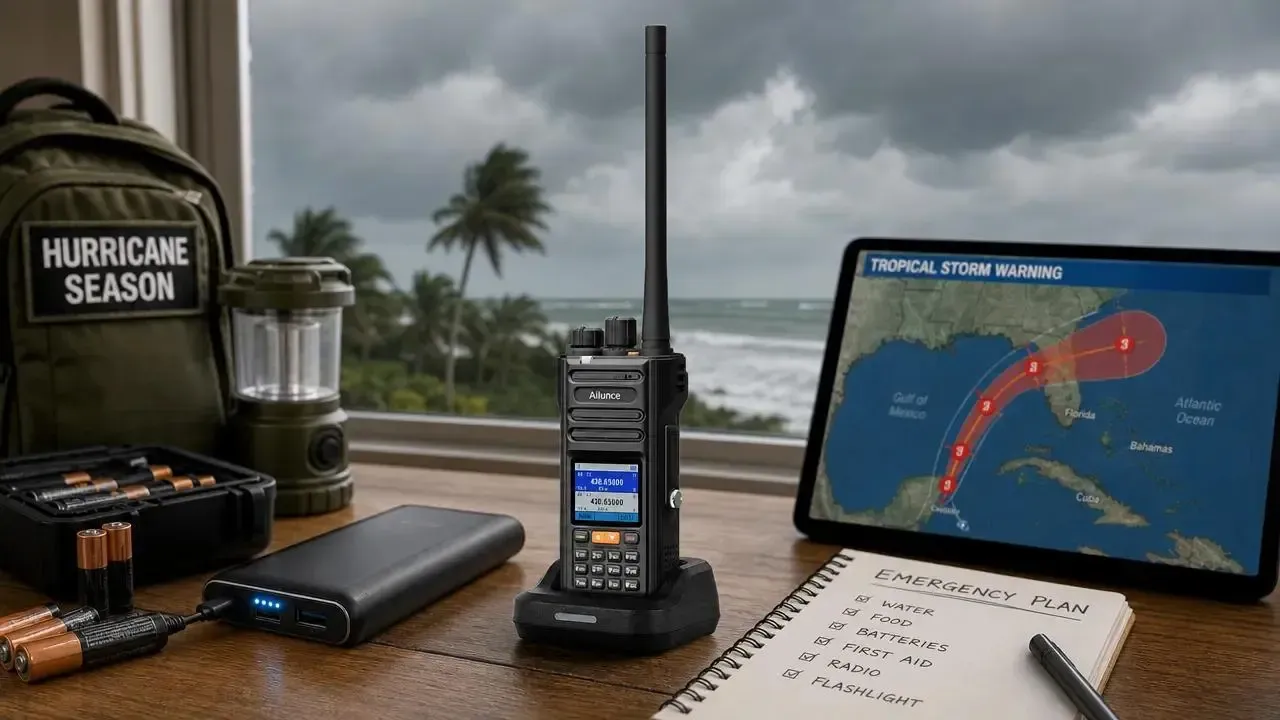 Portable ham radio on charging dock with hurricane tracking map and emergency preparedness equipment