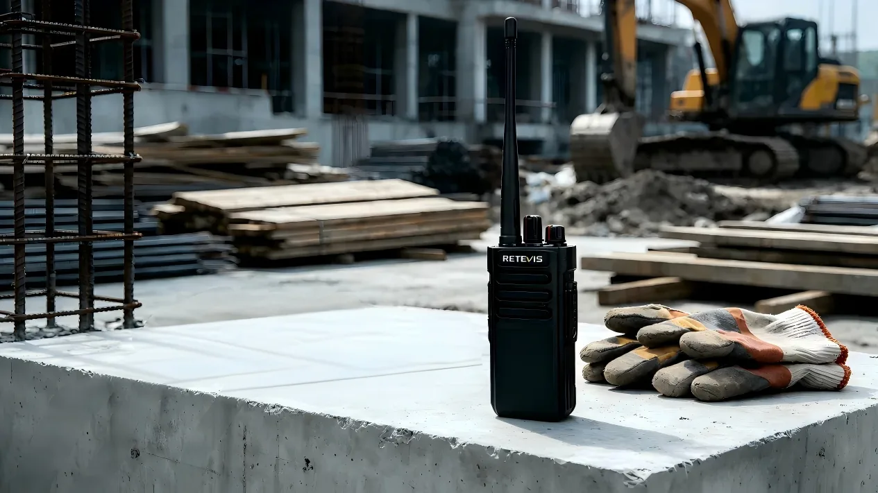Retevis walkie talkies and charger set on-site, supporting bulk team use and centralized charging