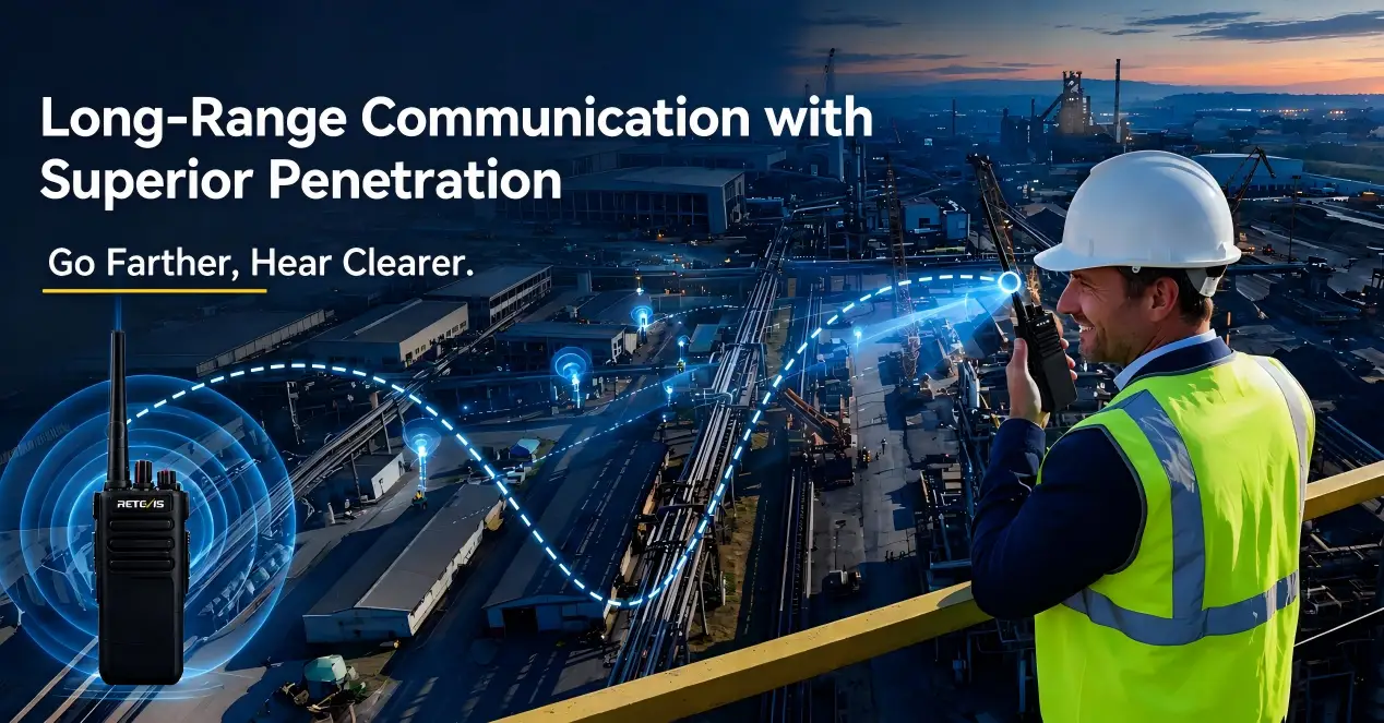 Engineer uses Retevis radio in industrial plant, showing long-range signals and strong penetration