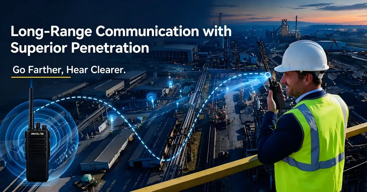 Engineer uses Retevis radio in industrial plant, showing long-range signals and strong penetration