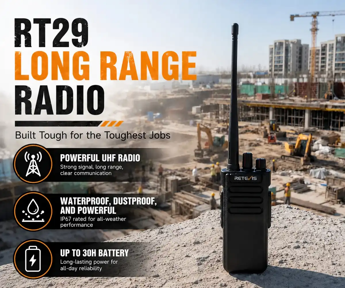 Retevis RT29 long range UHF twoway radio at construction site, IP67 waterproof dustproof walkietalkie with longlasting battery for tough worksite jobs
