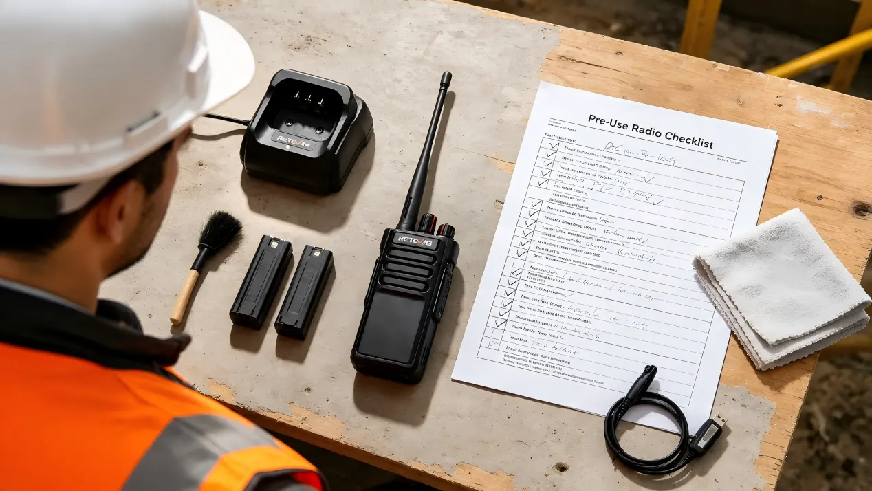 Construction worker checking RETEVIS walkie talkie equipment and radio checklist before use.